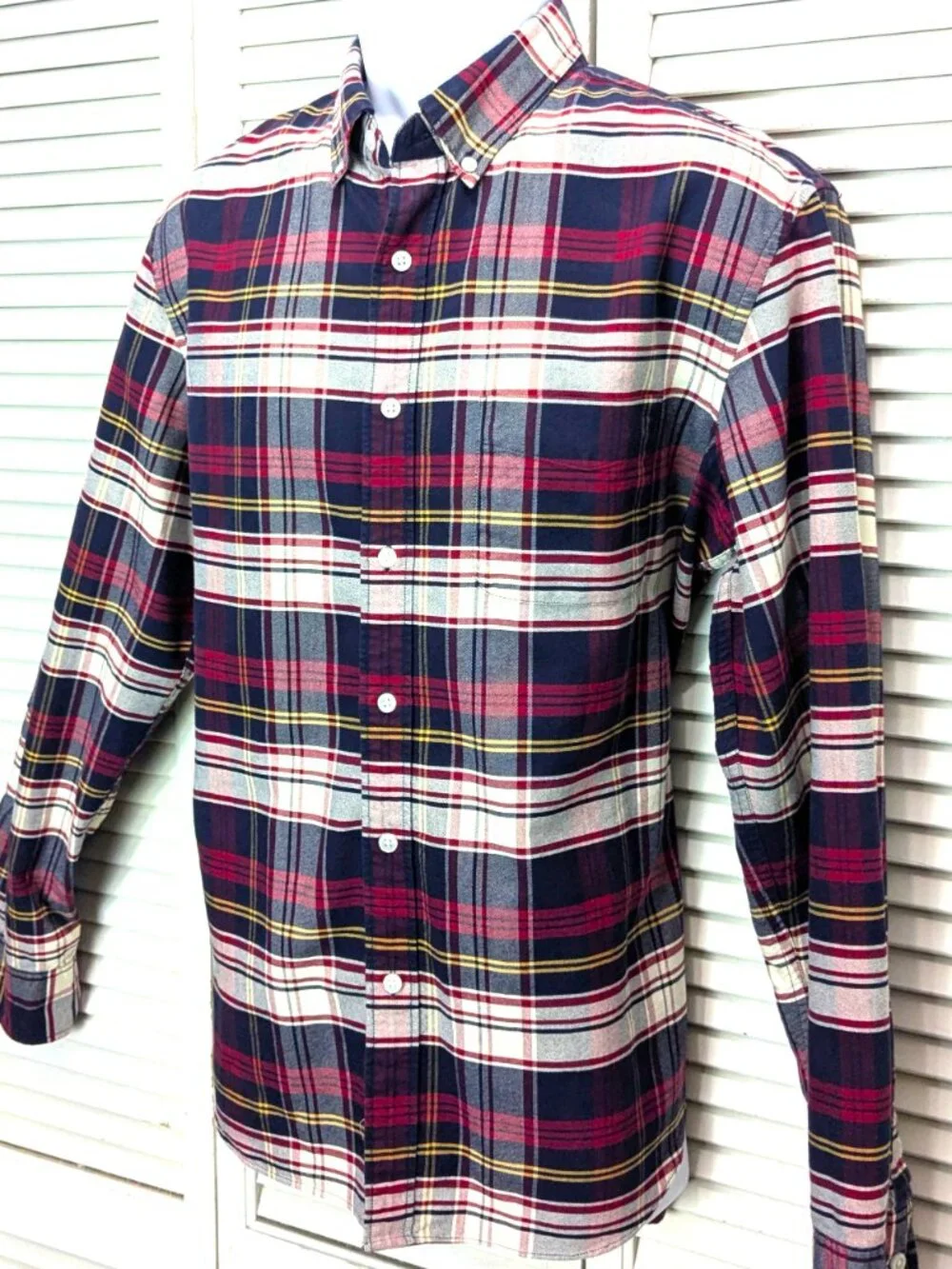 J Crew Mens Flex Oxford Shirt Large Red White Blue Plaid Button Down Slim $24